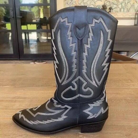 New Free People Toral Cross Your Heart Western Boot Black Leather White US 8 - Picture 10 of 14